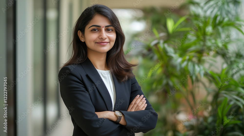 Happy young Indian professional business woman using tab standing in office. Happy businesswoman manager female executive leader holding tab at work looking away dreaming of future successful career Happy young Indian professional business woman using tab standing in office. Happy businesswoman manager female executive leader holding tab at work looking away dreaming of future successful career
