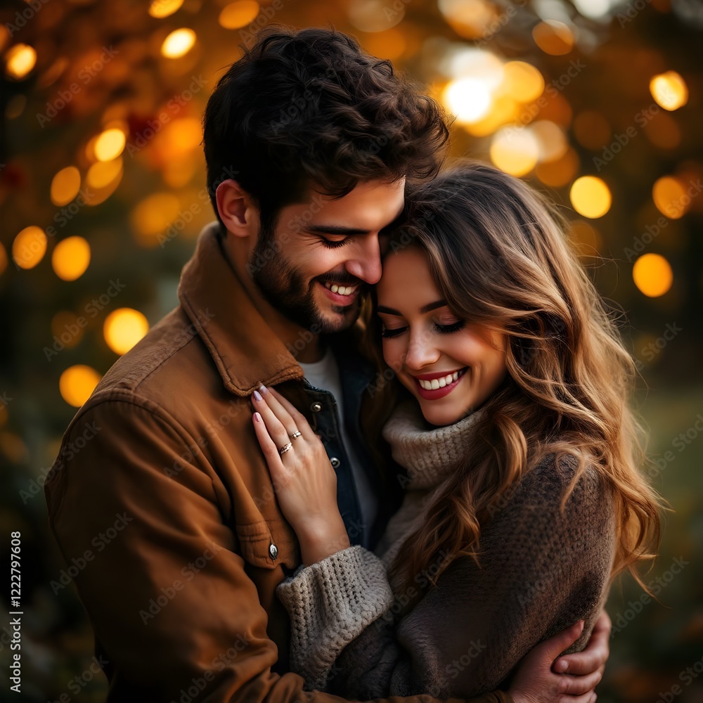 Fototapeta premium The background is softly blurred with warm, golden lights, creating a romantic atmosphere.