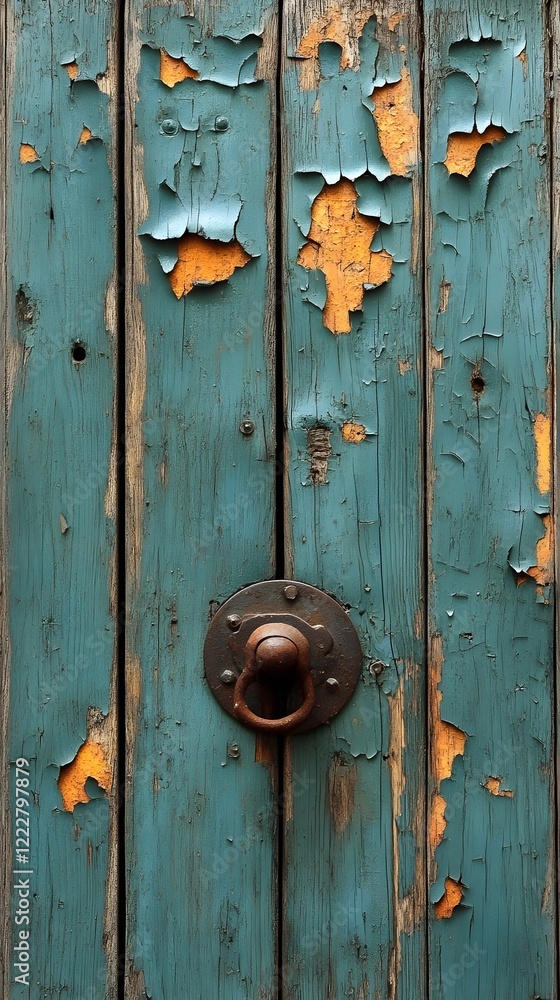 Fototapeta premium A background of faded green paint flaking off a rustic wooden door.