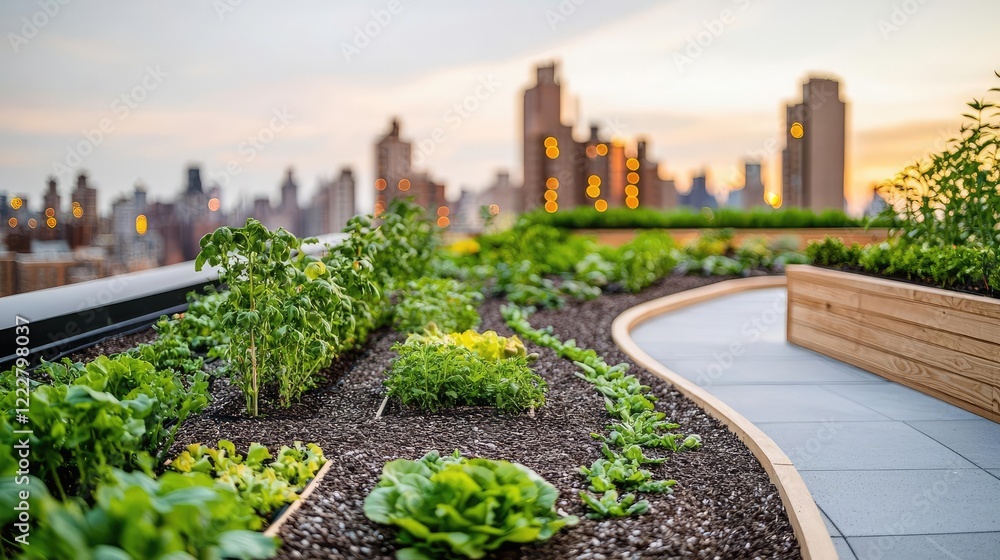 Fototapeta premium Urban planning gardening concept. Urban rooftop garden with diverse plants set against a city skyline at sunset.