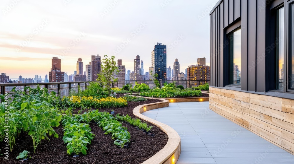 Fototapeta premium Urban planning gardening concept. Modern rooftop garden with lush greenery and skyline view at sunset.