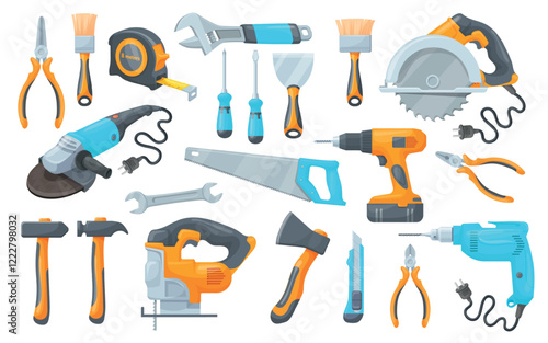 Cartoon construction tools. Building repair work hand tool and hardware instruments set, hammer wrench screwdriver drill spanner ruler tape repairman set neat vector illustration