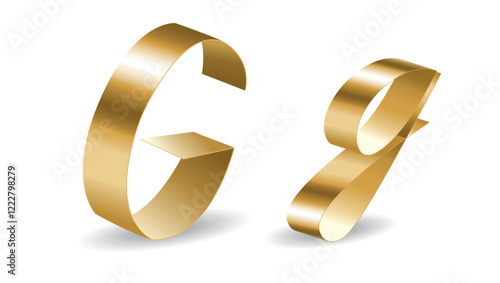 G Letters in Golden Ribbon with Shadows. Vector Alphabet 3D Sign Isolated on White Background 