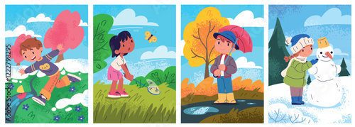 Four seasons children. Cartoon kids seasoned clothes walk activities different seasonal weather, build snowman winter autumn umbrella spring summer day, classy vector illustration