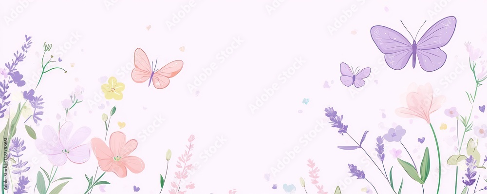 Pastel butterflies flutter amidst delicate wildflowers and lavender in a serene spring scene. Pastel butterflies flutter amidst delicate wildflowers and lavender in a serene spring scene.