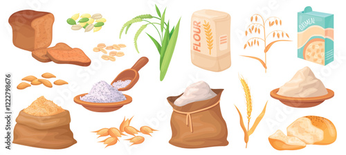 Cartoon cereal products. Flour rice or wheat grains for bread bakery product, ripe seeds harvest in burlap bag pastry food cereals crops sack, carbohydrate neat vector illustration