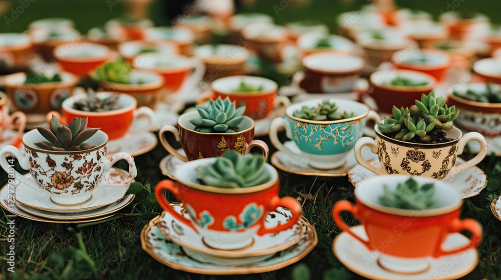 Fototapeta premium Succulents in vintage teacups, outdoor wedding favor, grass background