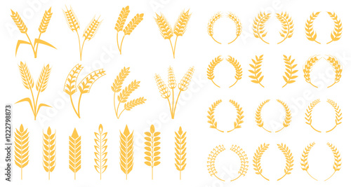 Wheat grains wreath. Barley ears, rye spike rice stalk or laurel wreaths beer logo heraldic symbol round frame for bakery bread label emblem farm harvest, neat vector illustration