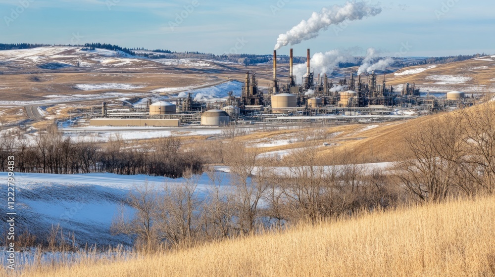 Obraz premium Winter Landscape Featuring an Oil Refinery in the Distance