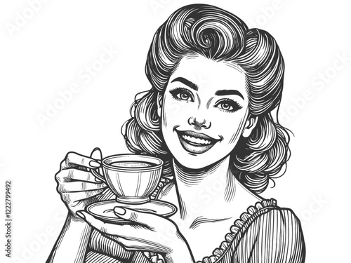 Smiling Retro Woman Drinking Coffee vector