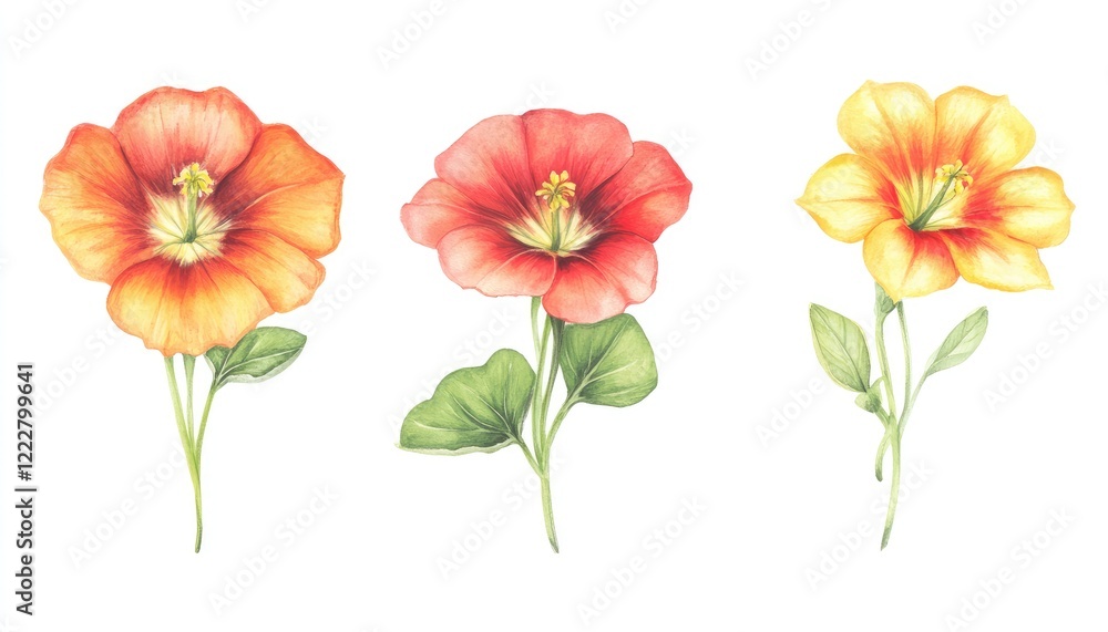Obraz premium Three vibrant hand-drawn flowers in orange, red, and yellow showcasing their delicate petals and leaves