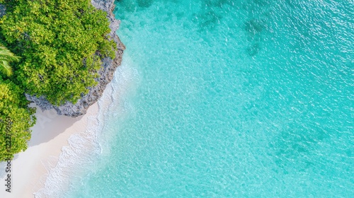 Tropical beach aerial view turquoise water, white sand, lush greenery. Ideal for travel brochures