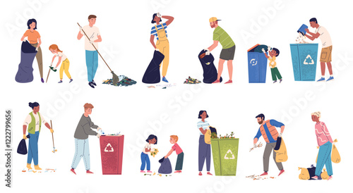 People cleaning trash. Volunteers community clean up garbage, man woman children collect litter in rubbish bag waste can volunteer work cleanup help, classy vector illustration