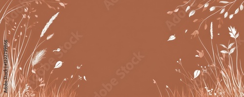 A minimalist illustration featuring white botanical elements on a warm terracotta background.