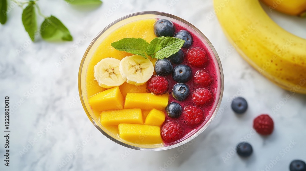 A bowl of vibrant and refreshing fruit smoothie with layers of mango, berry, and banana A bowl of vibrant and refreshing fruit smoothie with layers of mango, berry, and banana