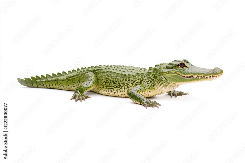 Fototapeta premium Realistic green crocodile model posed on a white background, showcasing its detailed features and textures