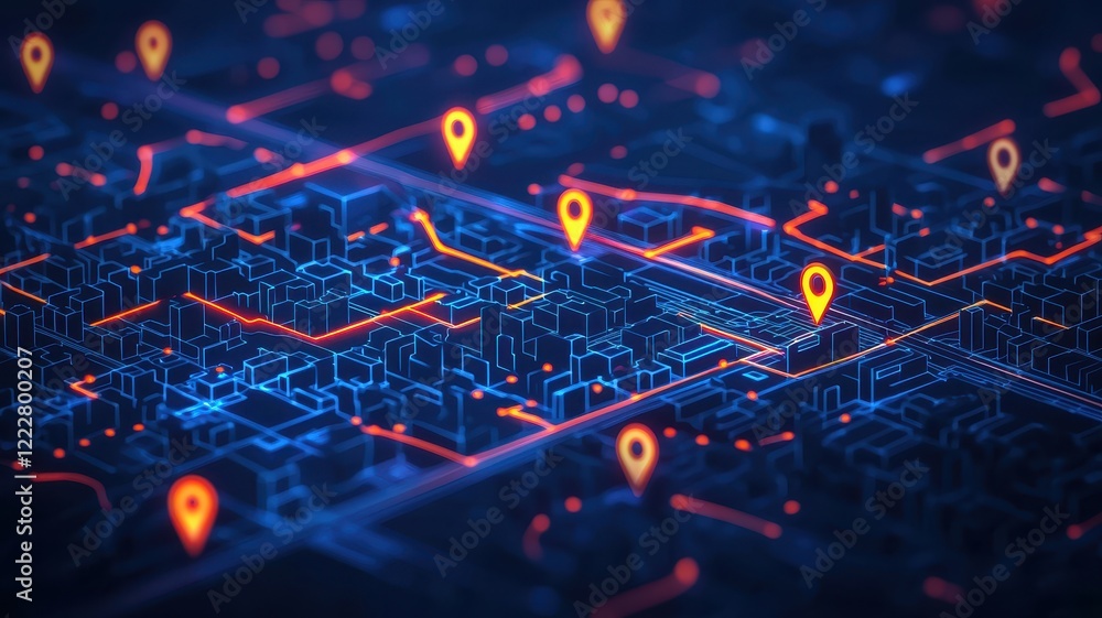 Futuristic Smart City Network Digital Map with GPS Location Markers and Illuminated Pathways Futuristic Smart City Network Digital Map with GPS Location Markers and Illuminated Pathways