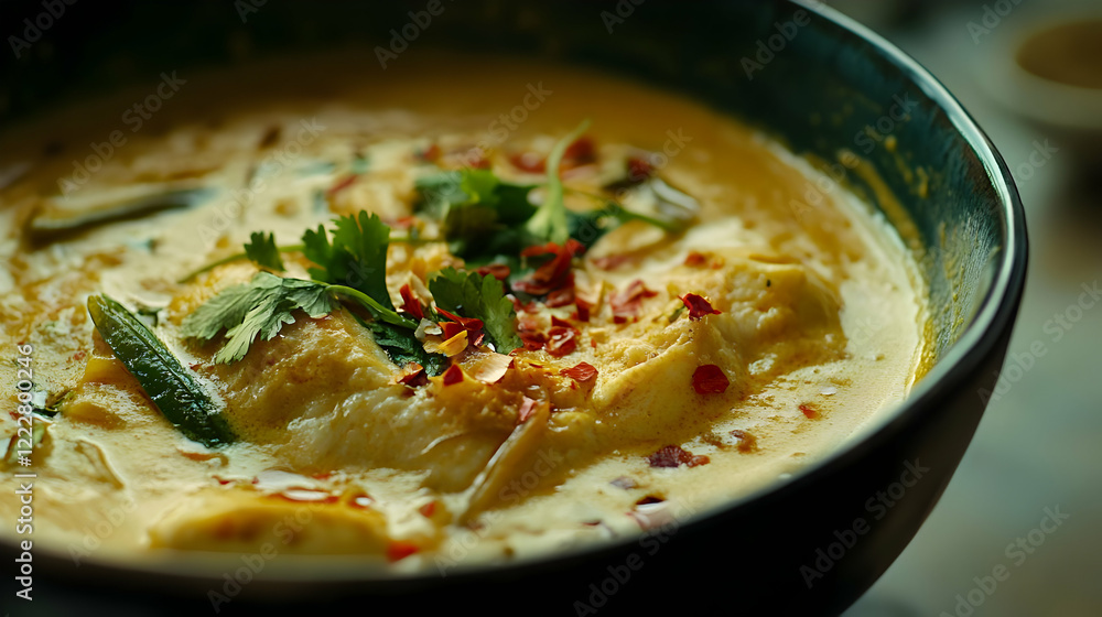 A bowl of creamy curry garnished with herbs and spices. A bowl of creamy curry garnished with herbs and spices.