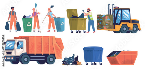 Garbage service workers. Rubbish management workers, janitors city cleaning company dustman collector collect and sorting trash waste bin in track, set classy vector illustration