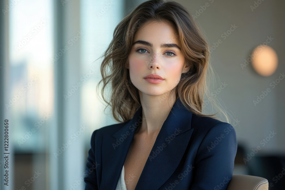 Portrait of a young woman with long brown hair, wearing a navy blue blazer, exuding confidence and elegance. Portrait of a young woman with long brown hair, wearing a navy blue blazer, exuding confidence and elegance.