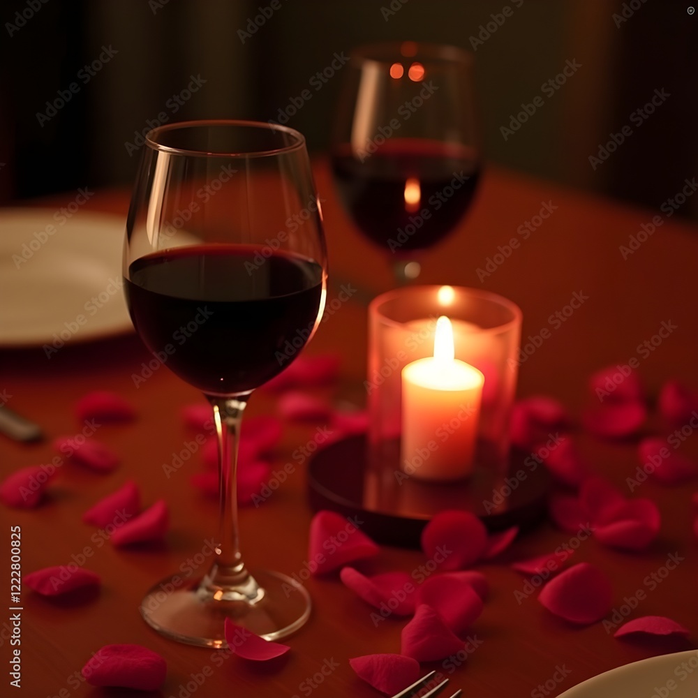 Romantic Candlelight Dinner Setup with Rose Petals and Wine for Valentine’s Day Romantic Candlelight Dinner Setup with Rose Petals and Wine for Valentine’s Day