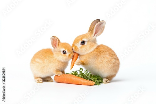 Two adorable rabbits playfully sharing a carrot on a clean white background, showcasing their playful interaction