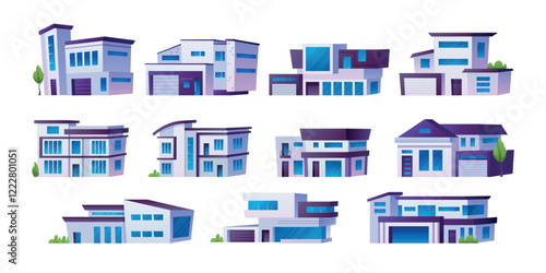 Modern suburban houses. Cartoon contemporary american european suburb house set, residential villa family home cottage townhouse housing facade exterior, swanky vector illustration
