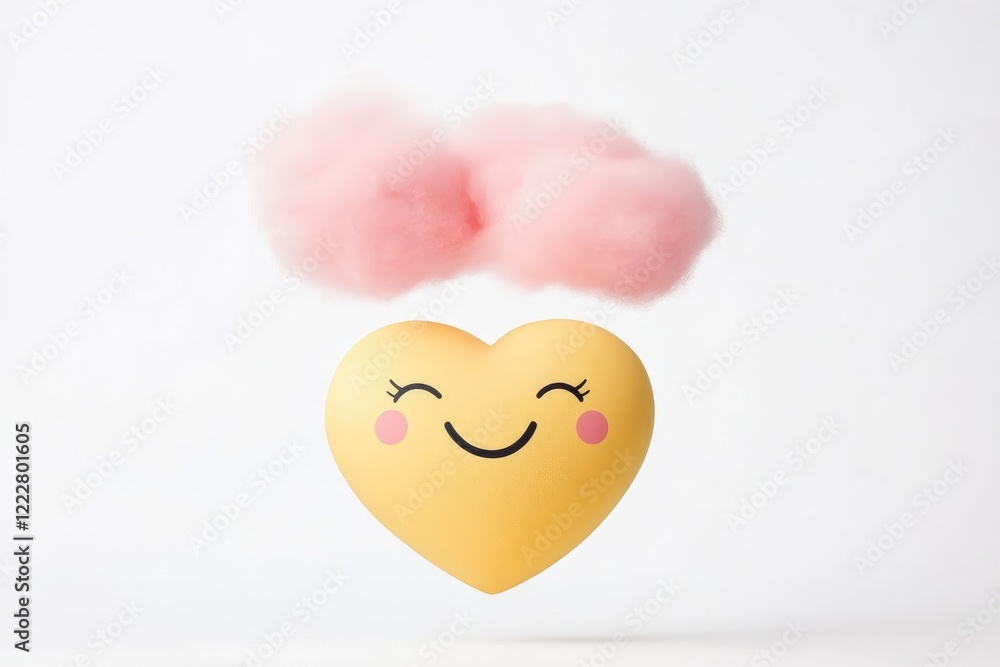 Fototapeta premium A cheerful yellow heart-shaped figure with smiling face and pink fluffy clouds above, symbolizing joy