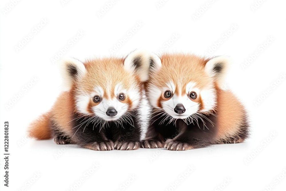 Fototapeta premium Two adorable red pandas cuddling closely together on a white background, showcasing their playful nature