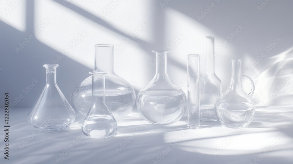 Collection of transparent glass laboratory beakers and flasks arranged artistically with soft shadows Collection of transparent glass laboratory beakers and flasks arranged artistically with soft shadows