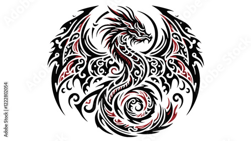 Tribal Dragon Illustration with Symmetrical Wings and Swirling Tail