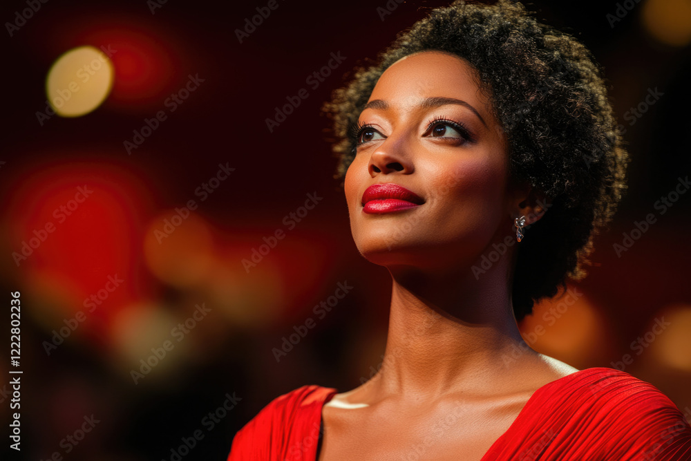 A woman with short curly hair, wearing a red dress, looks up with a serene expression. A woman with short curly hair, wearing a red dress, looks up with a serene expression.