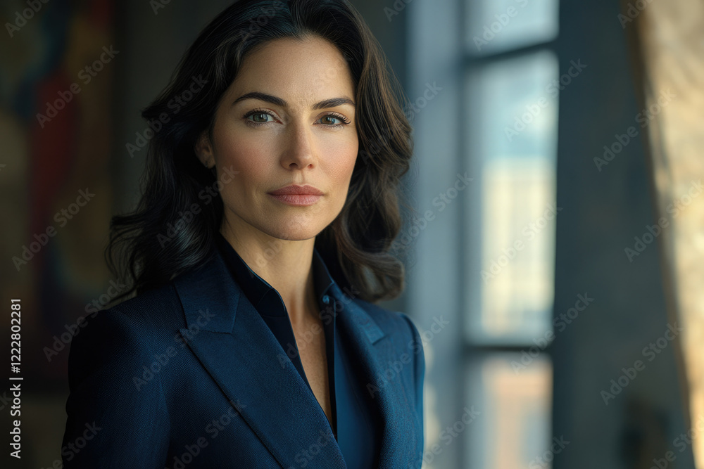 A confident woman in a navy blue blazer, looking directly at the camera with a serious expression. A confident woman in a navy blue blazer, looking directly at the camera with a serious expression.