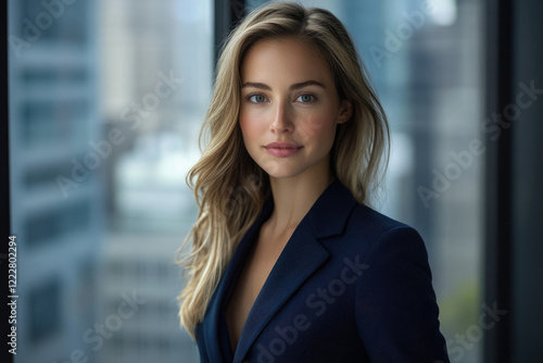 A young  attractive businesswoman with blonde hair and blue eyes  dressed in a navy blue blazer  stands confidently near a large window overlooking a city.