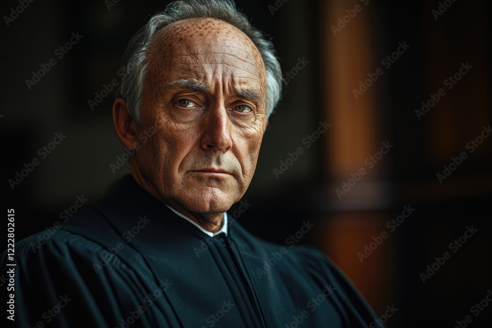 A serious, older judge in a dark robe stares intensely into the camera. A serious, older judge in a dark robe stares intensely into the camera.