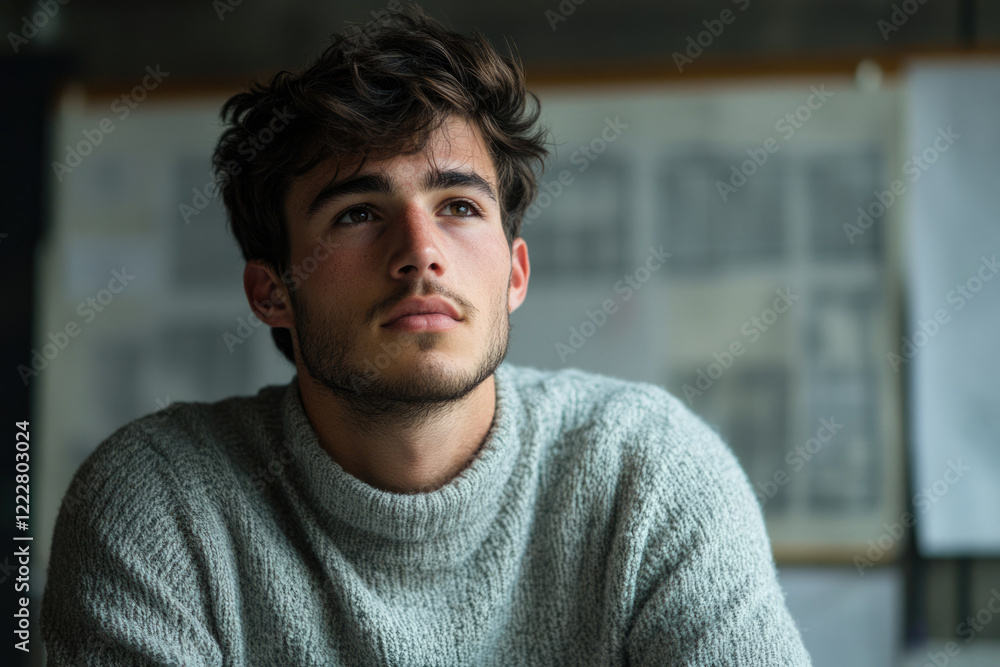 Thoughtful young man with brown hair and beard, wearing a grey turtleneck sweater, looks upward. Thoughtful young man with brown hair and beard, wearing a grey turtleneck sweater, looks upward.