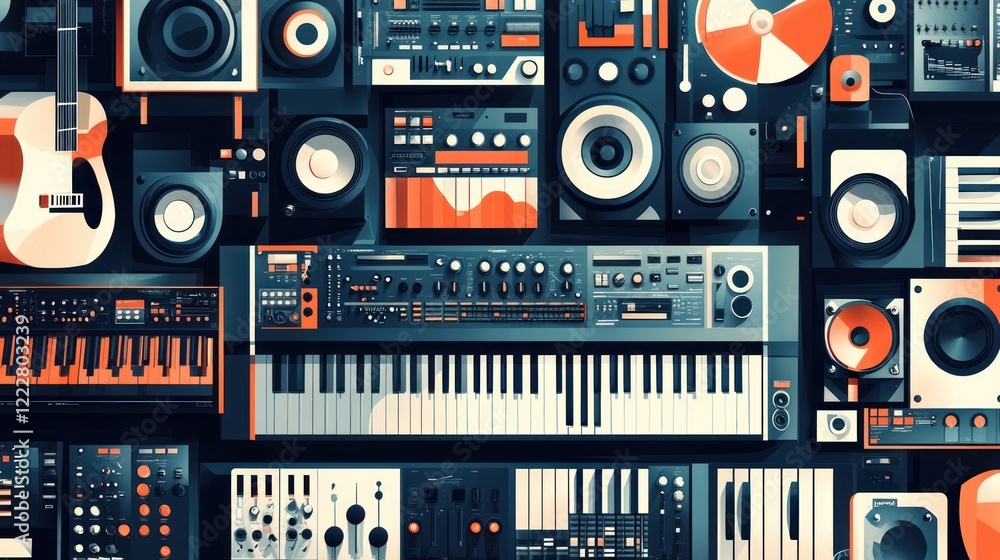 Obraz premium A vibrant collage of musical instruments and equipment showcasing sound creation.