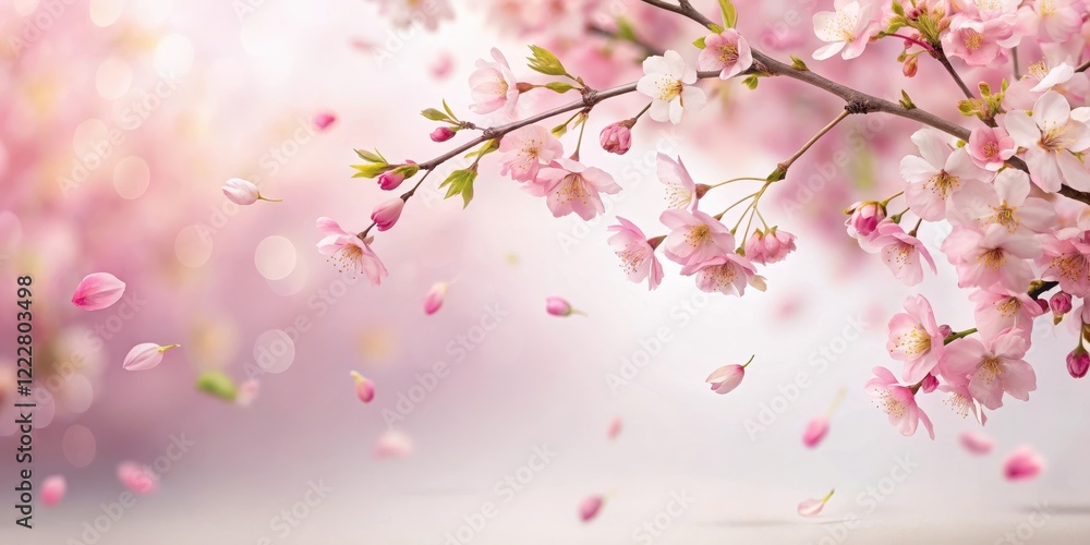 Delicate pink sakura petals gently falling from a blooming cherry blossom tree against a soft white background Delicate pink sakura petals gently falling from a blooming cherry blossom tree against a soft white background