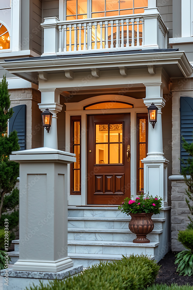 Elegant Home Entrance: Modern Architecture and Classic Design.  Luxury Real Estate Property with a welcoming porch and beautiful exterior details.