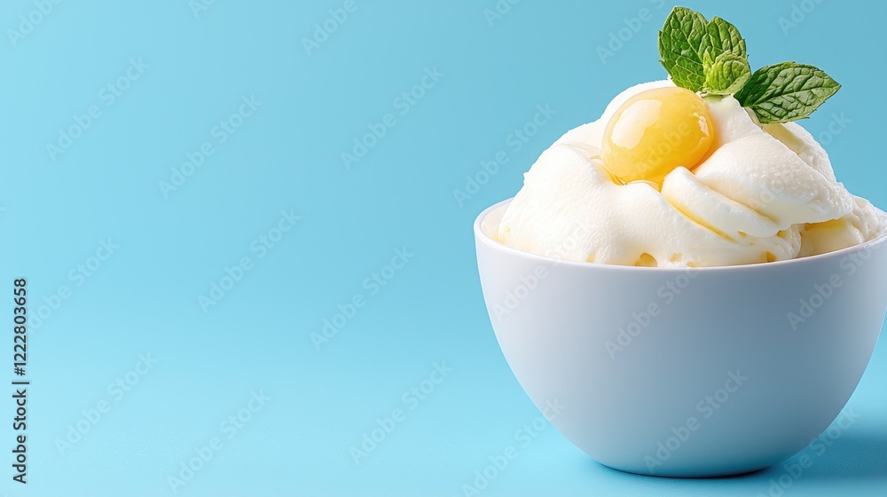 Creamy vanilla ice cream with honey and mint, light blue background, dessert, food photography Creamy vanilla ice cream with honey and mint, light blue background, dessert, food photography
