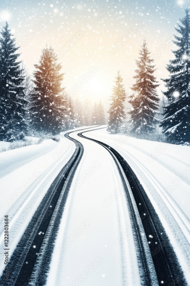 Fototapeta premium Snowy winter road winding with falling snowflakes