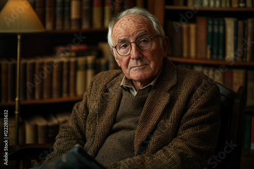 An elderly gentleman with glasses, sits in a chair amidst bookshelves, conveying wisdom and age. photo