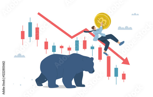 Bitcoin bear market price is down, Cryptocurrency market price is falling sharply, Market volatility, Investment risk, Investors holding Bitcoin coins falling according to the red arrow, Vector.