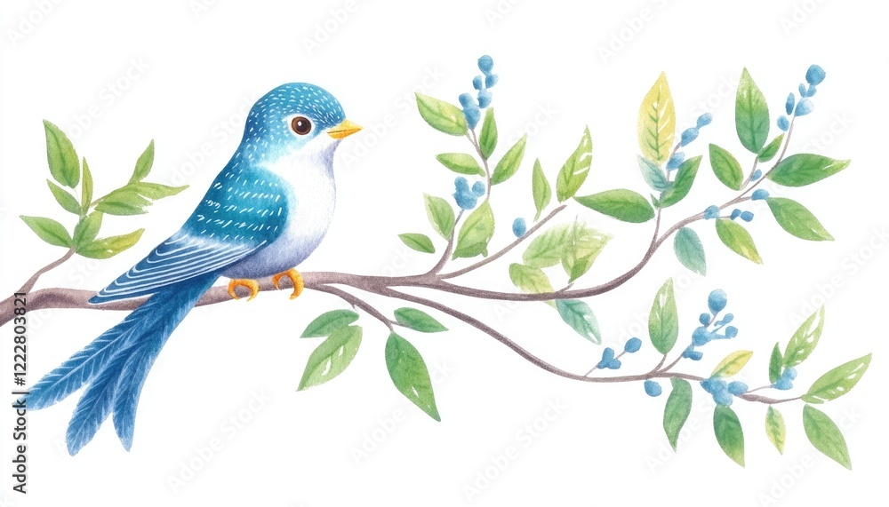 A vibrant blue bird perched on a branch surrounded by green leaves and berries, illustrating nature's beauty A vibrant blue bird perched on a branch surrounded by green leaves and berries, illustrating nature's beauty