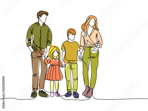 Drawing of young family with two children standing together. Single line art style