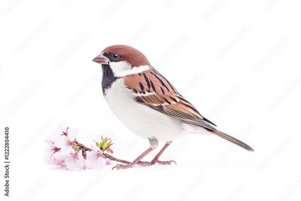 A sparrow perched gracefully beside delicate cherry blossom petals against a clean white background A sparrow perched gracefully beside delicate cherry blossom petals against a clean white background