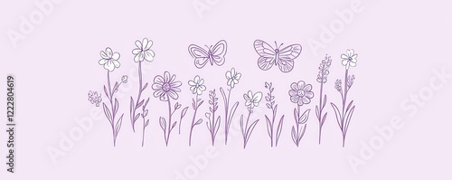 A delicate illustration of flowers and butterflies on a soft pink background.
