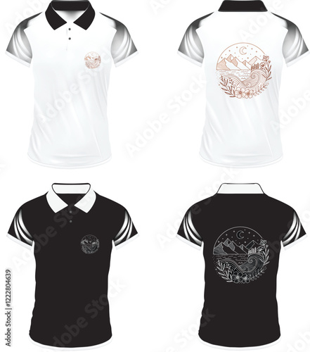 Men's t-shirt in different views with realistic style  and geometric retro traceries on shirts isolated related tags
