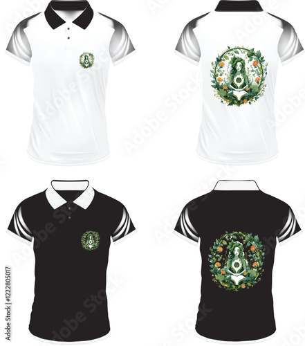 Men's t-shirt in different views with realistic style  and geometric retro traceries on shirts isolated related tags
