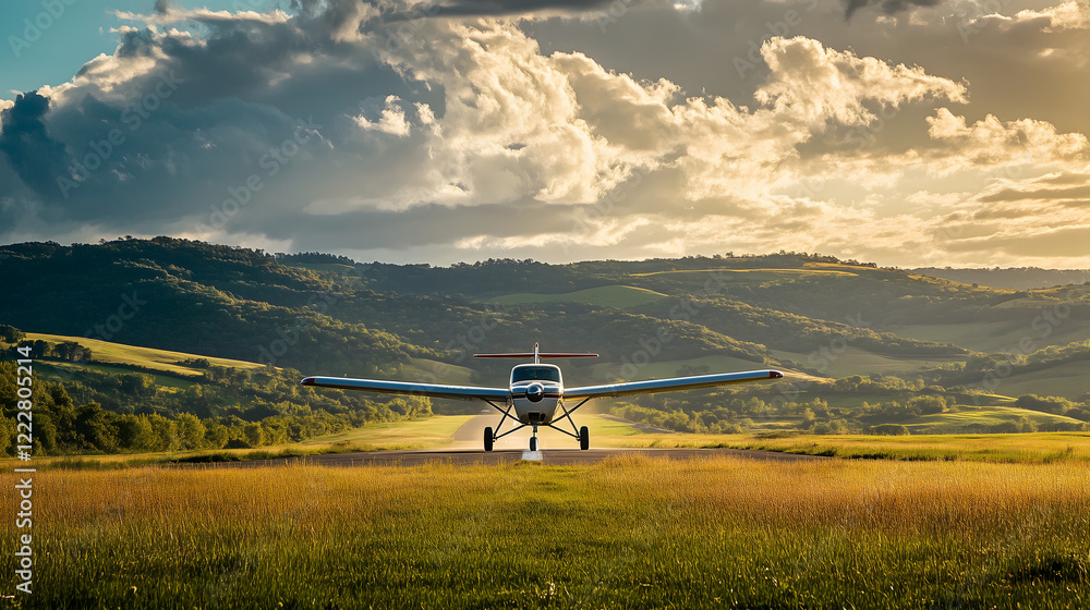 Fototapeta premium Small Propeller Airplane Lands on a Rural Grass Runway at Sunset